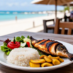 Caribbean Holidays, Saint Martin Culture, Traditional Caribbean meal of grilled fish, rice, plantain and fresh salad served at a relaxed seaside restaurant