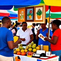 Caribbean Holidays, Saint Martin Culture, Travellers exploring a colourful Caribbean market in Marigot, with handmade crafts, tropical fruit and local artwork displayed by friendly stallholders