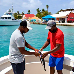 Caribbean Holidays, Saint Martin Fishing, A friendly fishing charter crew cleaning a fresh catch at a colourful Caribbean harbour on Sint Maarten, boats and palm trees in the background