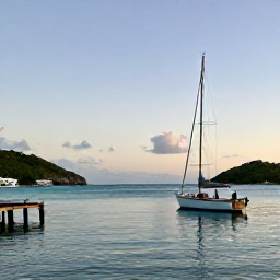 Caribbean Holidays, Saint Martin Fishing, A small fishing boat setting out at dawn from a Caribbean marina near Saint Martin, calm turquoise water and distant green coastline