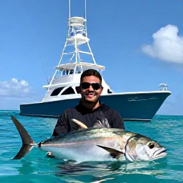 Caribbean Holidays, Saint Martin Fishing, Anglers on a modern charter boat catching a powerful game fish in open Caribbean water, bright sky and blue sea