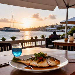 Caribbean Holidays, Saint Martin Fishing, Freshly prepared Caribbean fish served at a relaxed seaside restaurant in Saint Martin, sunset light and harbour views