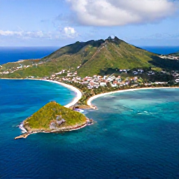 Caribbean Holidays, Saint Martin Holidays, Aerial photograph of Saint Martin and Sint Maarten showing turquoise Caribbean water, green hills, sandy beaches and the island coastline