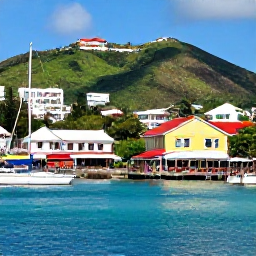 Caribbean Holidays, Saint Martin Holidays, Colourful waterfront restaurants and market stalls in Marigot, Saint Martin, with boats in the harbour and green hills behind