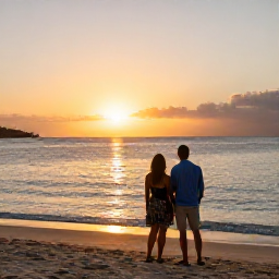 Caribbean Holidays, Saint Martin Holidays, Couple watching sunset over the Caribbean from a beach in Saint Martin and Sint Maarten, warm evening light