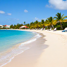 Caribbean Holidays, Saint Martin Holidays, Long sandy Caribbean beach on Saint Martin with clear turquoise water, palm trees and a few sun loungers