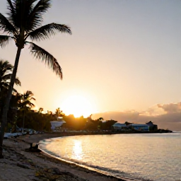 Caribbean Holidays, Saint Martin Holidays, Relaxed sunset scene over a Caribbean bay on Saint Martin, with palm-fringed shoreline, calm water and warm evening light