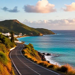 Caribbean Holidays, Saint Martin Holidays, Scenic coastal road on Saint Martin overlooking turquoise sea, small coves and lush Caribbean hills in warm afternoon light