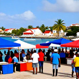 Caribbean Holidays, Saint Martin Holidays, Visitors exploring a colourful Caribbean market and historic waterfront in Philipsburg, Sint Maarten, with palm trees and small boats