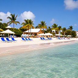 Caribbean Holidays, Saint Martin Holidays, Visitors relaxing on Orient Bay beach in Saint Martin, clear shallow sea, sun loungers and palm trees