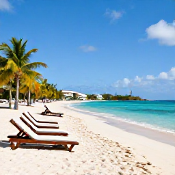 Caribbean Holidays, Saint Martin Holidays, Wide sandy beach on Saint Martin with clear Caribbean water, sun loungers and palm trees under a bright blue sky