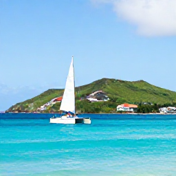 Caribbean Holidays, Saint Martin Honeymoons, Couple sailing on a small catamaran past green Caribbean coastline and bright blue sea near Saint Martin
