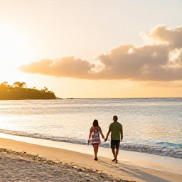 Caribbean Holidays, Saint Martin Honeymoons, Couple walking hand in hand along a quiet Caribbean beach at sunset on Saint Martin, warm golden light and calm turquoise sea
