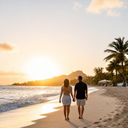 Caribbean Holidays, Saint Martin Honeymoons, Couple walking hand in hand along a quiet Caribbean beach at sunset on Saint Martin
