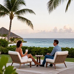 Caribbean Holidays, Saint Martin Honeymoons, Elegant couple enjoying a peaceful Caribbean resort terrace with ocean view, tropical greenery and soft evening light