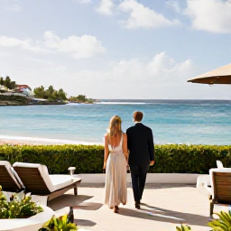 Caribbean Holidays, Saint Martin Honeymoons, Elegant honeymoon hotel terrace overlooking a Caribbean beach and calm blue sea in Saint Martin