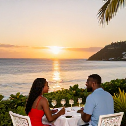 Caribbean Holidays, Saint Martin Honeymoons, Romantic seaside restaurant in Grand Case, Saint Martin, with a couple dining at sunset