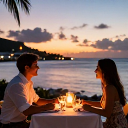 Caribbean Holidays, Saint Martin Honeymoons, Romantic waterfront dinner at a French Caribbean restaurant in Grand Case, candlelit table and sunset sea view