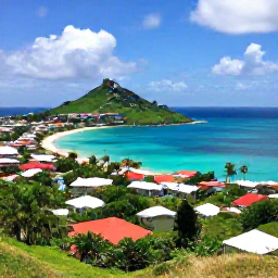Caribbean Holidays, Saint Martin Instagram, A bright panoramic view from a Caribbean hillside over turquoise sea, green islands and colourful coastal buildings on Saint Martin