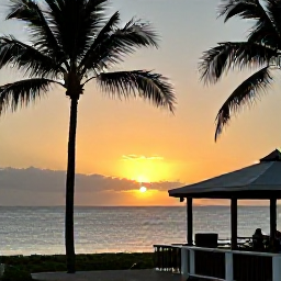 Caribbean Holidays, Saint Martin Instagram, A golden Caribbean sunset over Saint Martin, with silhouetted palm trees, calm sea and a colourful sky viewed from a beach bar terrace