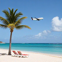 Caribbean Holidays, Saint Martin Instagram, A relaxed beach scene at Maho Beach in Sint Maarten with a plane flying low overhead, palm trees, sun loungers and clear blue water