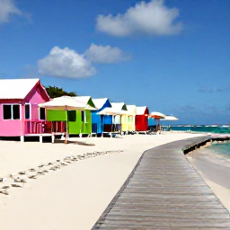 Caribbean Holidays, Saint Martin Instagram, Colourful wooden beach huts and umbrellas lining a calm Caribbean beach in Philipsburg, Sint Maarten, with a boardwalk and clear turquoise water