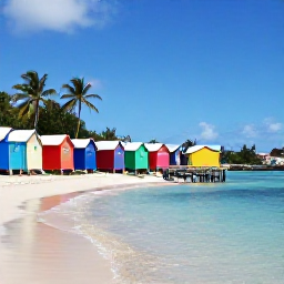 Caribbean Holidays, Saint Martin Instagram, Colourful wooden beach huts, calm turquoise water and palm trees at Maho Beach in Sint Maarten