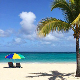 Caribbean Holidays, Saint Martin Instagram Spots, Bright turquoise Caribbean sea, palm-fringed beach and colourful beach umbrellas at Maho Beach in Sint Maarten, viewed from the sand