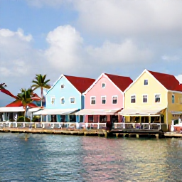 Caribbean Holidays, Saint Martin Instagram Spots, Colourful pastel houses and waterfront caf&eacute;s along the boardwalk in Philipsburg, Sint Maarten, with palm trees and calm Caribbean water