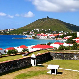 Caribbean Holidays, Saint Martin Instagram Spots, Panoramic view from Fort Louis over Marigot, Saint Martin, with red-roofed buildings, green hills, a marina and blue Caribbean water