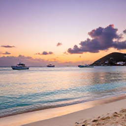 Caribbean Holidays, Saint Martin Instagram Spots, Quiet tropical beach at Grand Case on Saint Martin, with calm clear water, fishing boats and a colourful sunset sky