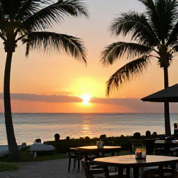 Caribbean Holidays, Saint Martin Instagram, Sunset over the Caribbean Sea viewed from a relaxed beach bar on Saint Martin, with silhouettes of palm trees and tables
