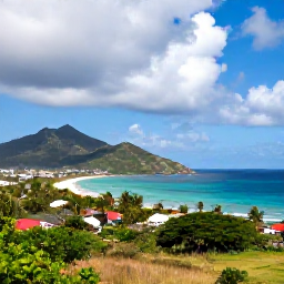 Caribbean Holidays, Saint Martin June, A panoramic coastal view of Saint Martin and Sint Maarten in June, with turquoise sea, green hills and a partly cloudy tropical sky