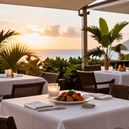 Caribbean Holidays, Saint Martin June, A relaxed outdoor restaurant terrace in Saint Martin at sunset, with local food, tropical plants and distant sea views