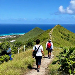 Caribbean Holidays, Saint Martin June, Travellers hiking through green tropical hills above the coast of Saint Martin, with a clear trail, sea views and native vegetation