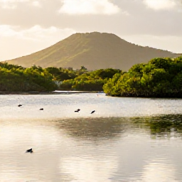 Caribbean Holidays, Saint Martin Nature, A calm salt pond in Saint Martin with wading birds, mangroves and low green hills in the background, photographed in warm morning light