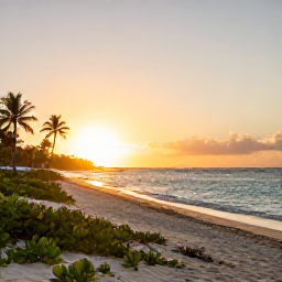 Caribbean Holidays, Saint Martin Nature, A quiet golden beach on Saint Martin at sunset, with low vegetation, calm turquoise water and a few palm trees, creating a peaceful natural holiday atmosphere