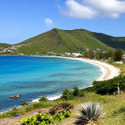 Caribbean Holidays, Saint Martin Nature, A sweeping coastal view of Saint Martin and Sint Maarten, showing turquoise water, green hills and a quiet sandy beach under bright Caribbean sunlight