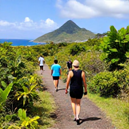 Caribbean Holidays, Saint Martin Nature, Visitors walking along a scenic nature trail through green tropical vegetation on Saint Martin, with hills and blue sea in the distance