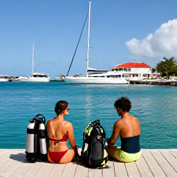 Caribbean Holidays, Saint Martin Scuba Diving, A relaxed couple preparing scuba equipment beside a Caribbean marina on Saint Martin