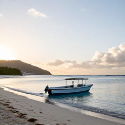Caribbean Holidays, Saint Martin Scuba Diving, A small dive boat leaving a sandy Caribbean beach at sunrise, with Saint Martin coastline in the background