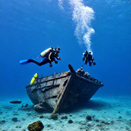 Caribbean Holidays, Saint Martin Scuba Diving, Divers exploring a small historic shipwreck in clear blue water off Sint Maarten