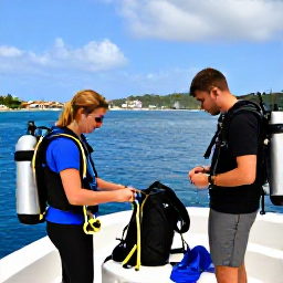 Caribbean Holidays, Saint Martin Scuba Diving, Friendly scuba diving instructors preparing equipment beside a Caribbean boat in Saint Martin