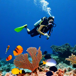 Caribbean Holidays, Saint Martin Scuba Diving, Scuba diver swimming over a shallow Caribbean reef with angelfish, parrotfish and sea fans