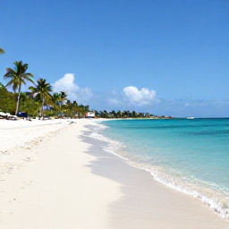 Caribbean Holidays, Saint Martin September, A quiet sandy beach on Saint Martin in September, with calm turquoise water, palm trees and a few distant clouds