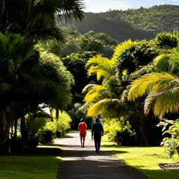 Caribbean Holidays, Saint Martin September, Visitors walking through lush tropical vegetation on Saint Martin near Loterie Farm, with forested hills and dappled sunlight