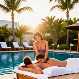 Caribbean Holidays, Saint Martin Spa Breaks, Couple enjoying a peaceful massage beside a tropical garden pool on Sint Maarten, with soft sunlight and palm trees