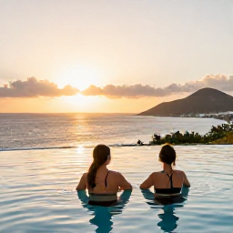 Caribbean Holidays, Saint Martin Spa Breaks, Couple relaxing beside a tranquil infinity pool overlooking the Caribbean coastline of Sint Maarten at sunset