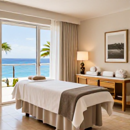 Caribbean Holidays, Saint Martin Spa Breaks, Elegant Caribbean spa resort treatment room with natural light, soothing neutral colours and views towards the sea