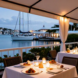 Caribbean Holidays, Saint Martin Spa Breaks, Elegant outdoor restaurant in Saint Martin serving fresh Caribbean and French-inspired food beside a marina at evening